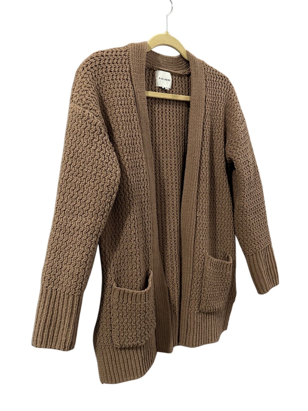 Pink Rose Chunky Knit Open Front Cardigan Sweater Brown Relaxed Fit Women’s M - Picture 3 of 8